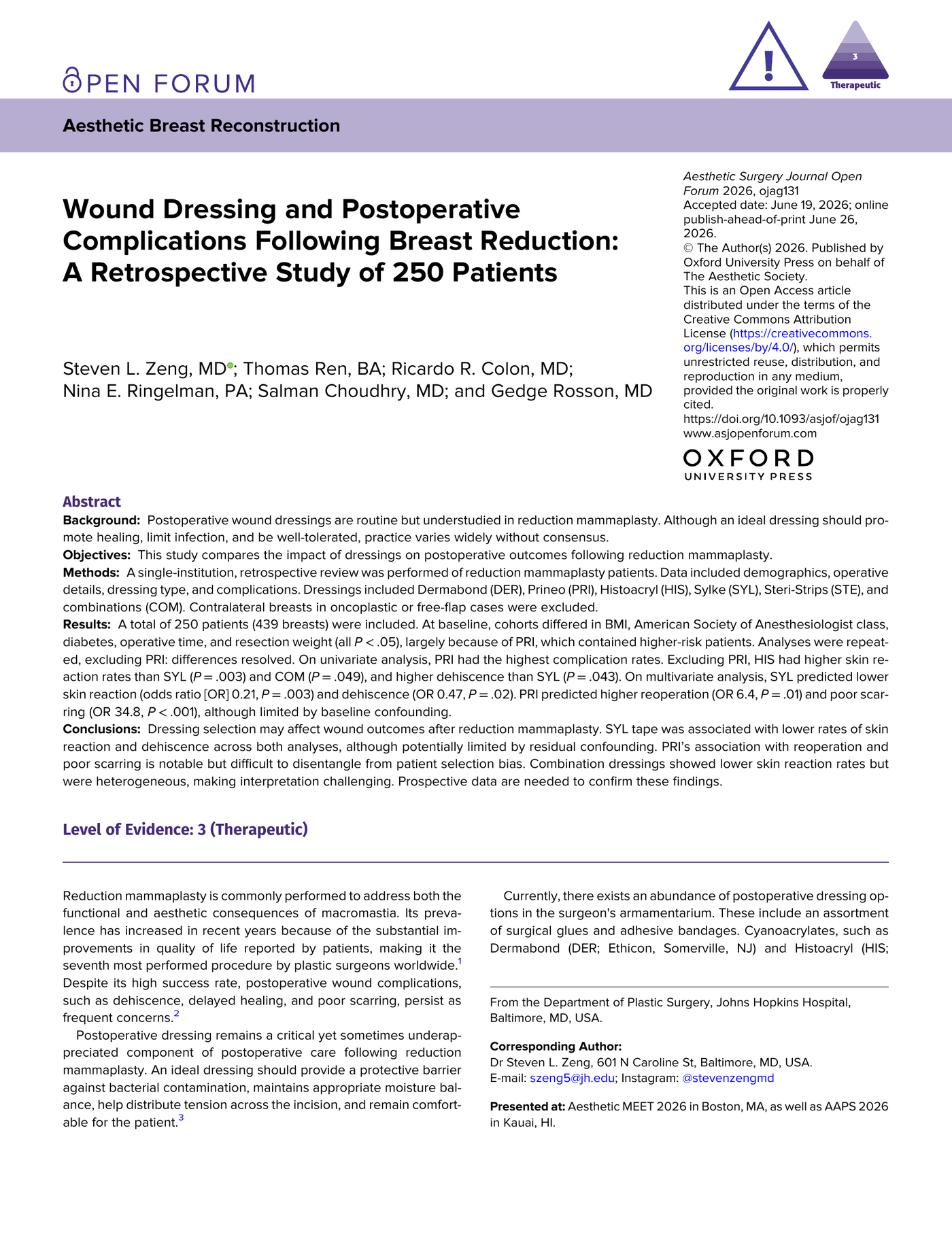 "Wound Dressing and Postoperative Complications Following Breast Reduction: A Retrospective Study of 250 Patients"