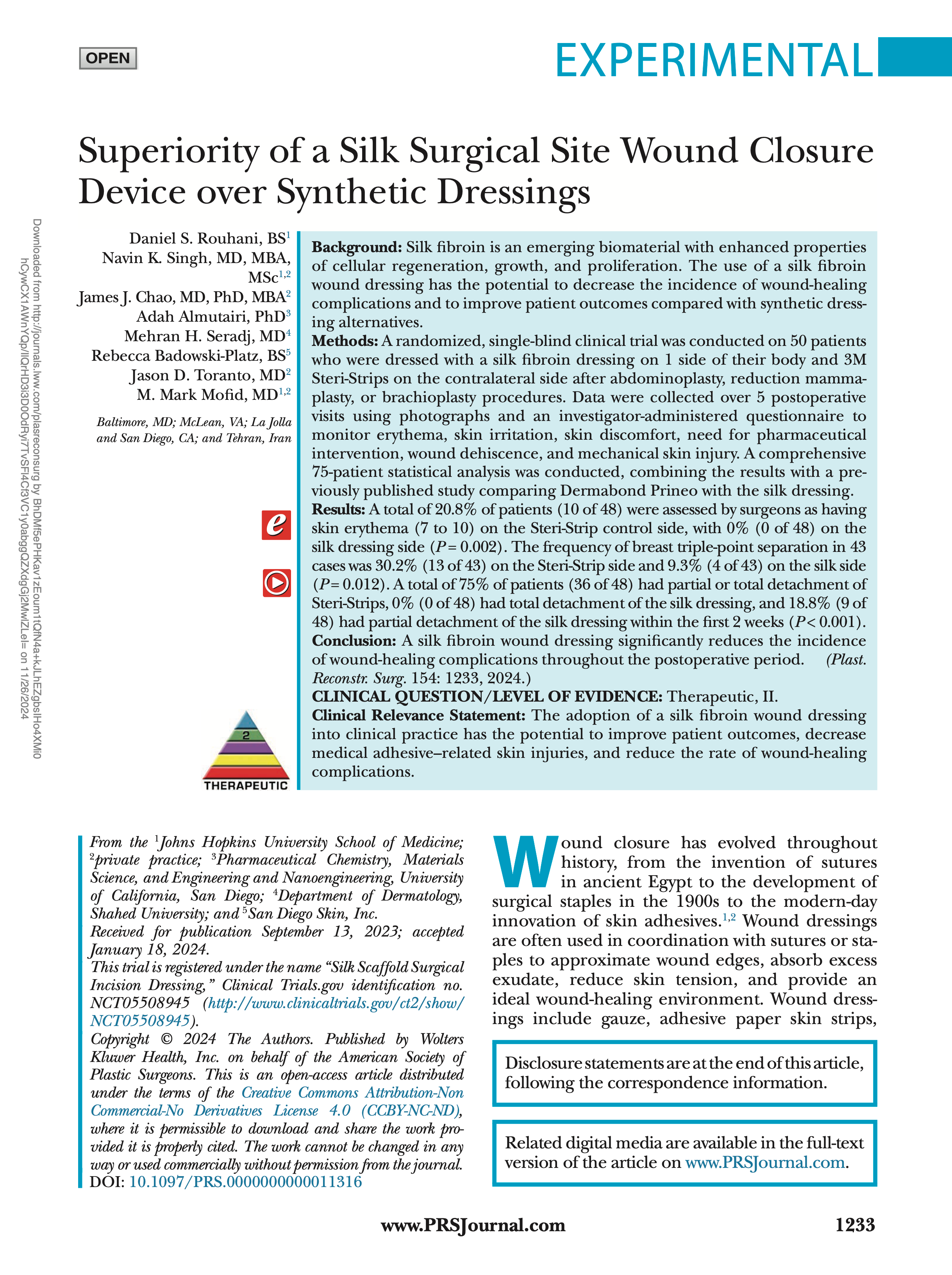 Superiority of a Silk Surgical Site Wound Closure Device over Synthetic Dressings